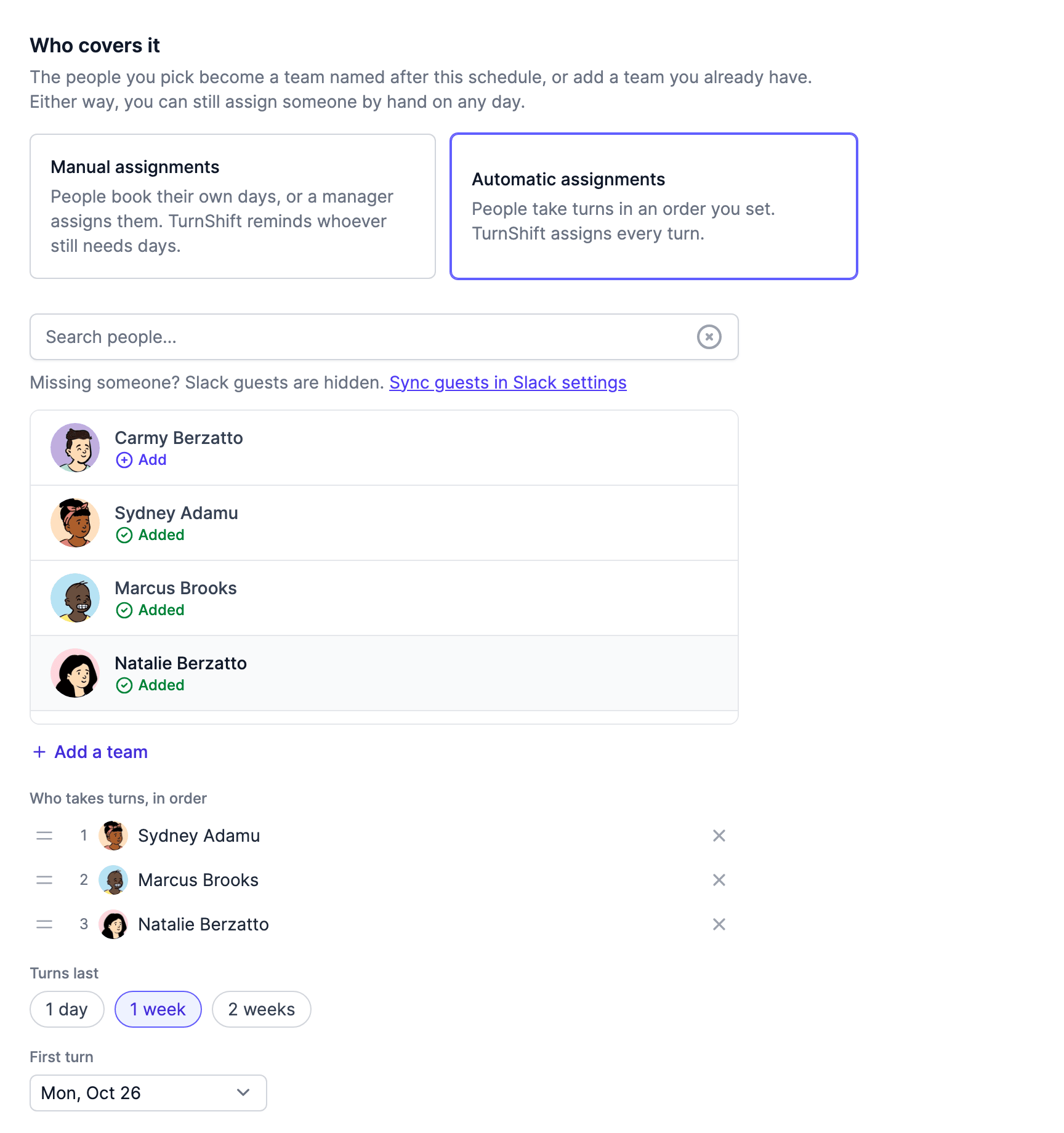 The Who covers it part of the New schedule page, with people picked and Automatic assignments chosen