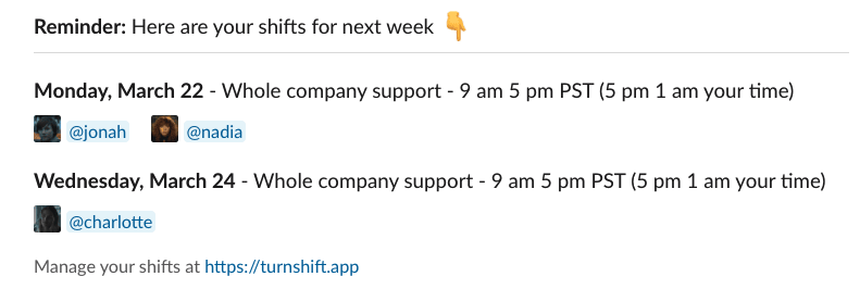 Friday direct message listing next week's shifts