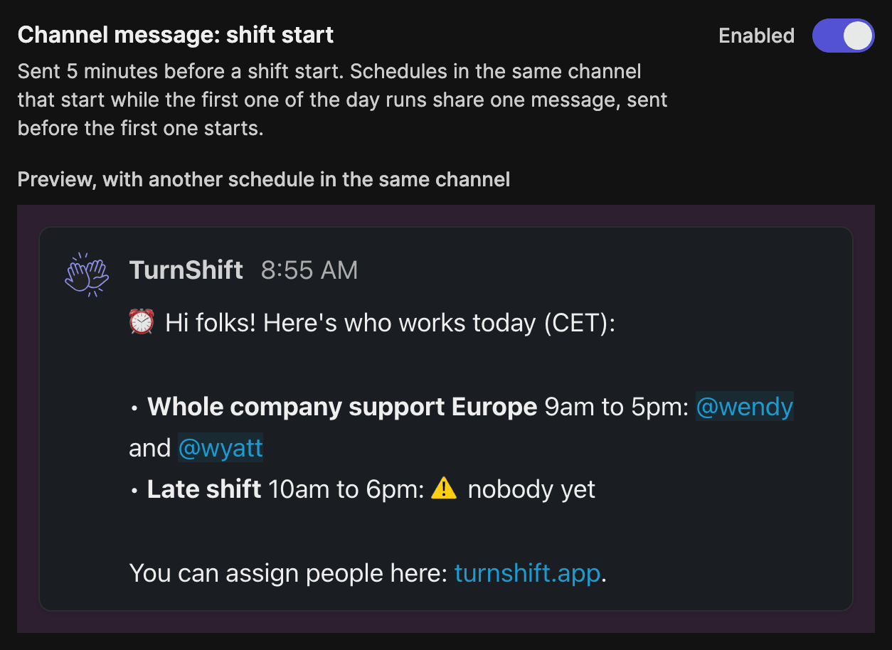The shift start message setting in a schedule's Notifications settings, with a preview of the one message two schedules share