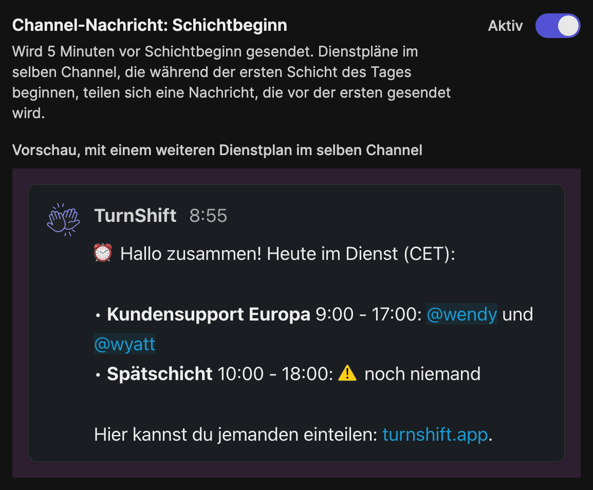 Die Einstellung der Nachricht zum Schichtbeginn in den Benachrichtigungen eines Dienstplans, mit der Vorschau der gemeinsamen Nachricht zweier Dienstpläne