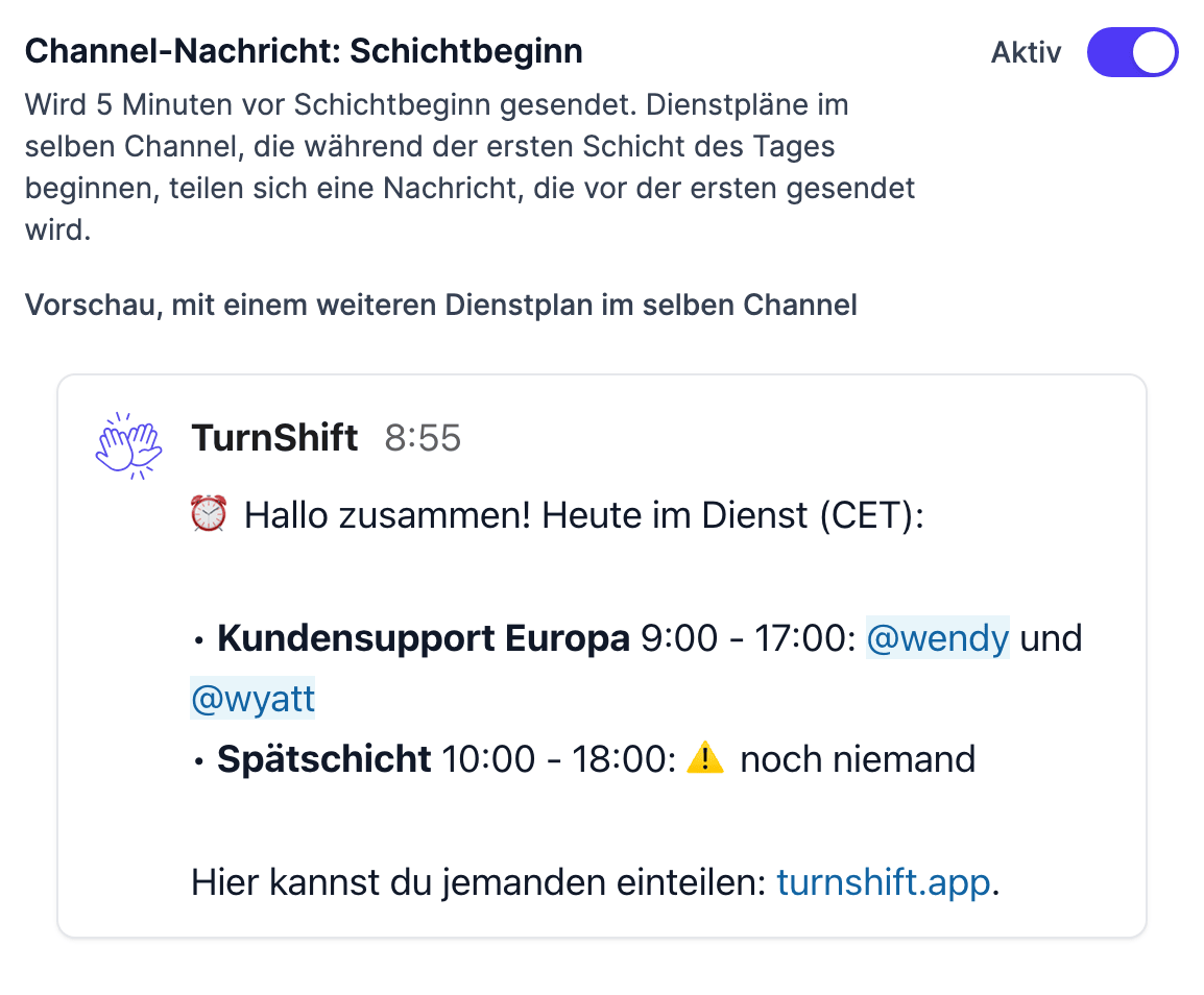 Die Einstellung der Nachricht zum Schichtbeginn in den Benachrichtigungen eines Dienstplans, mit der Vorschau der gemeinsamen Nachricht zweier Dienstpläne