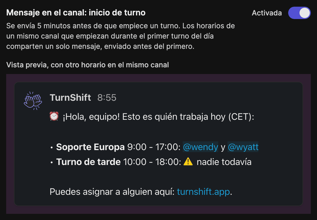 El ajuste del mensaje de inicio de turno en las notificaciones de un horario, con la vista previa del mensaje único que comparten dos horarios