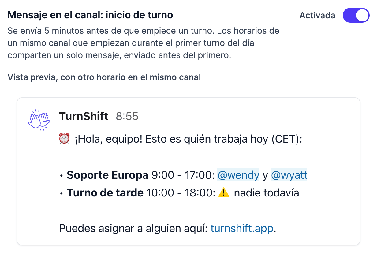 El ajuste del mensaje de inicio de turno en las notificaciones de un horario, con la vista previa del mensaje único que comparten dos horarios
