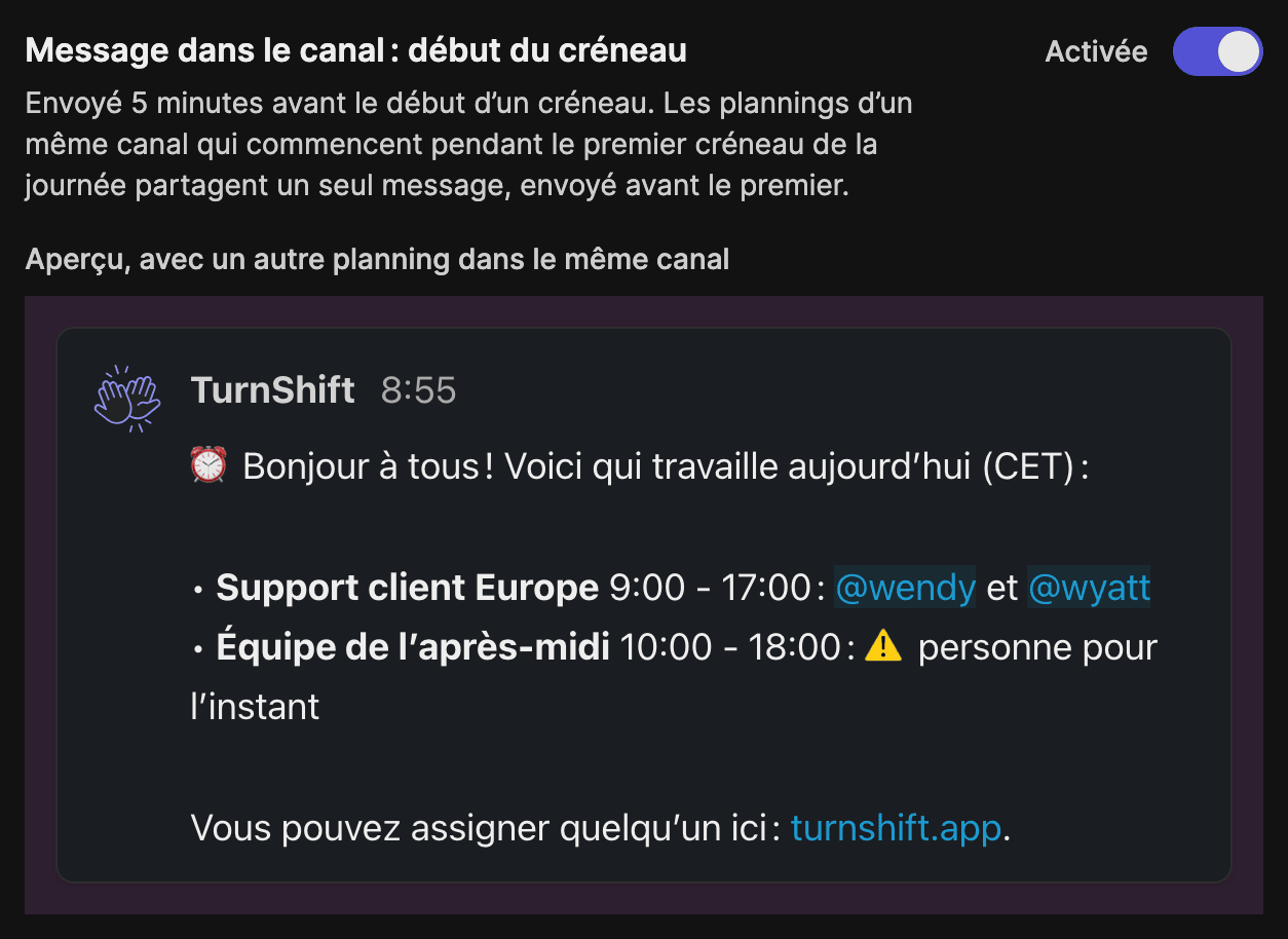 Le réglage du message de début de créneau dans les notifications d’un planning, avec l’aperçu du message unique que partagent deux plannings