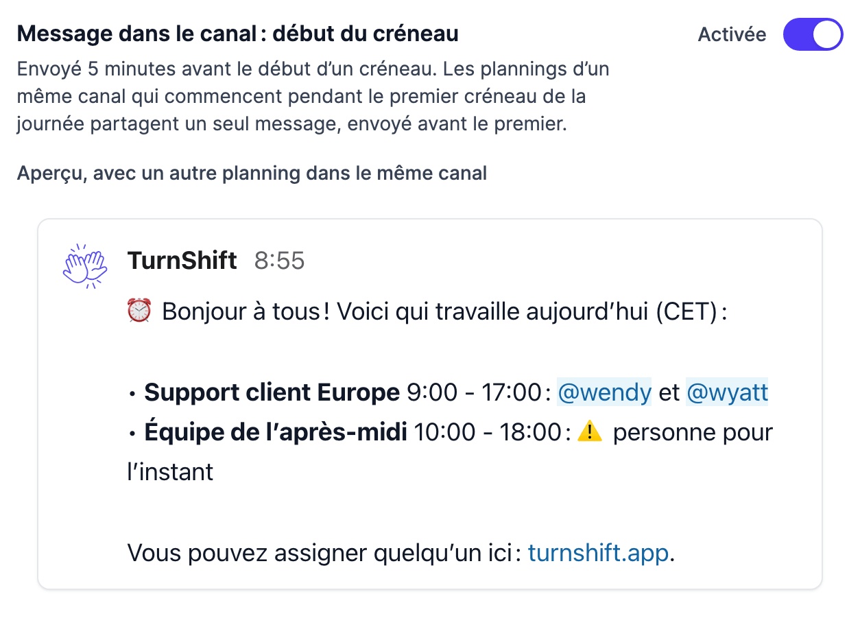 Le réglage du message de début de créneau dans les notifications d’un planning, avec l’aperçu du message unique que partagent deux plannings