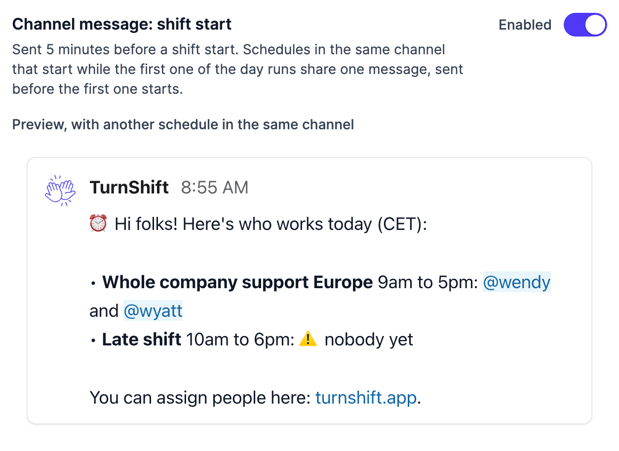 The shift start message setting in a schedule's Notifications settings, with a preview of the one message two schedules share