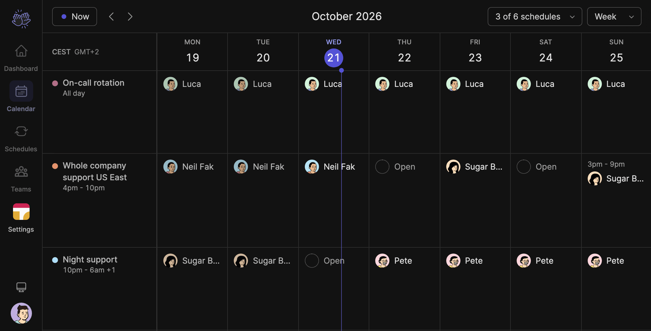 The TurnShift calendar: an all day On-call rotation next to two support schedules, with who is on each day and the days still open