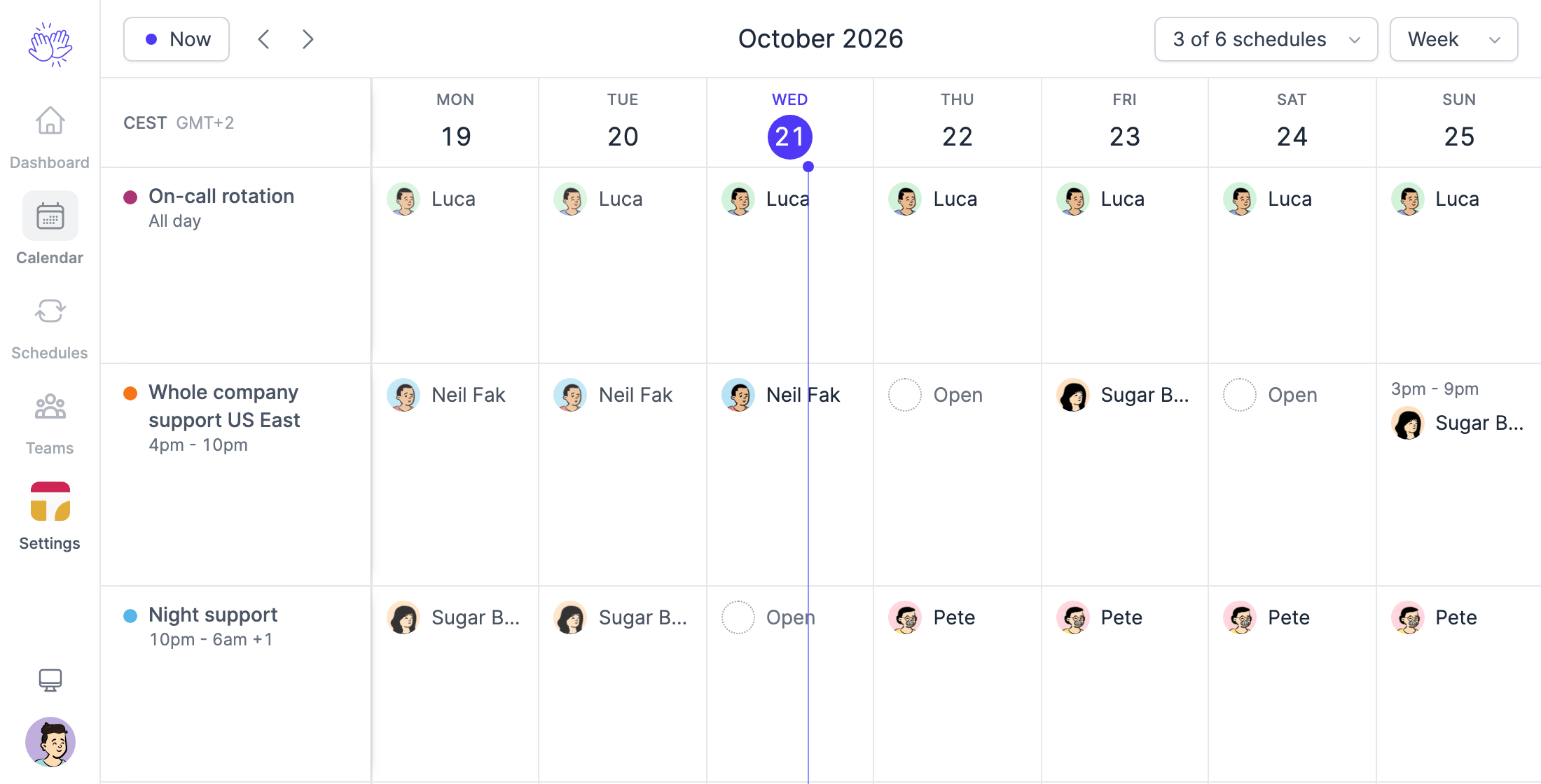 The TurnShift calendar: an all day On-call rotation next to two support schedules, with who is on each day and the days still open
