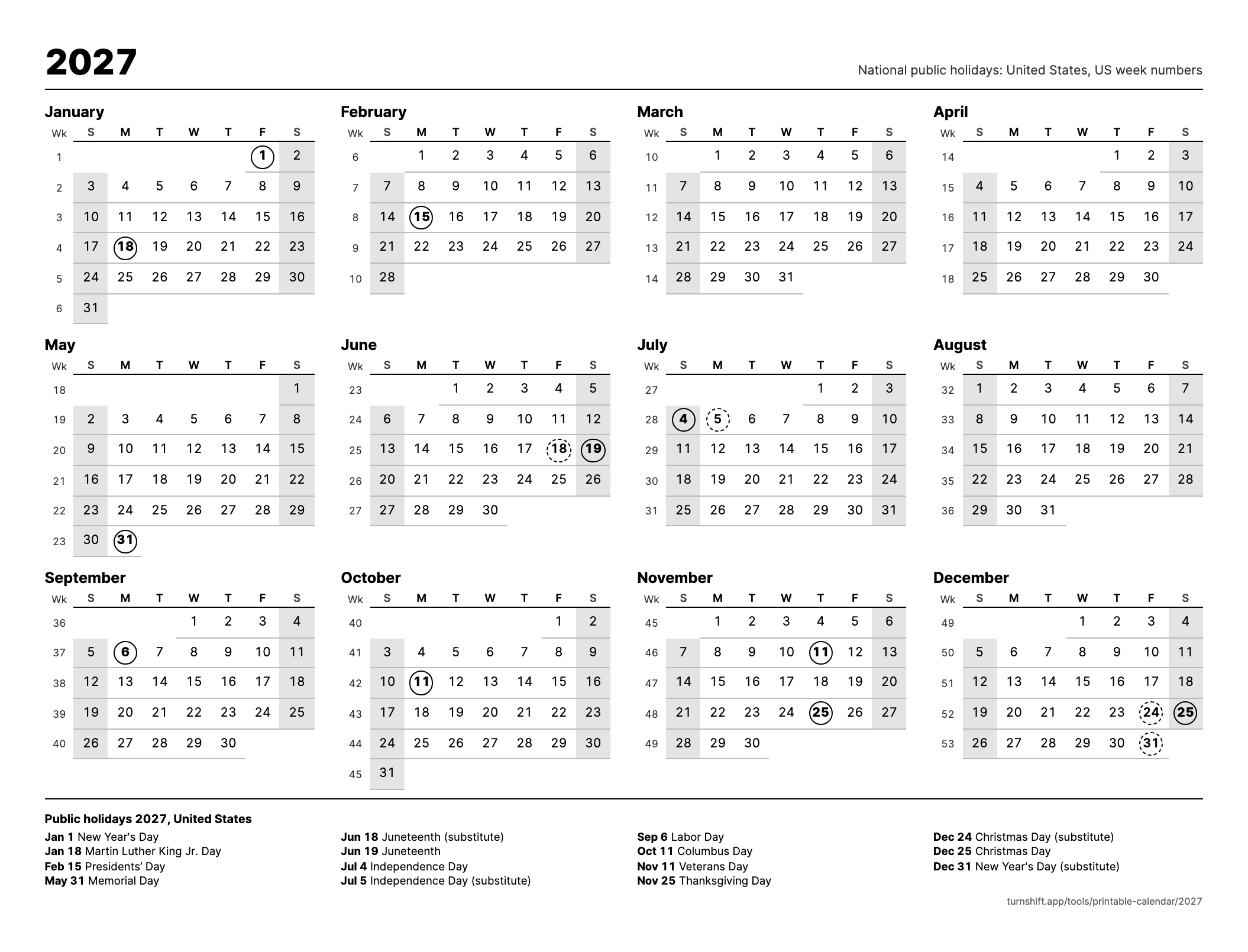Der Kalender 2027 im Querformat, die US-Feiertage eingekreist