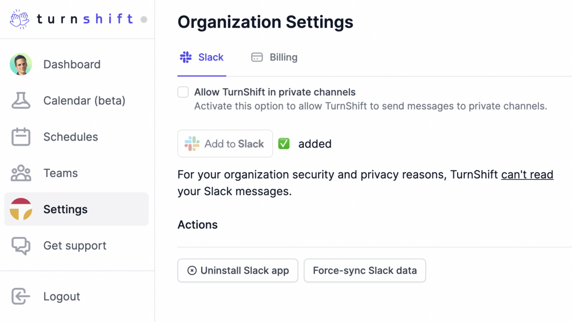 The "Allow TurnShift in private channels" option in the Slack settings