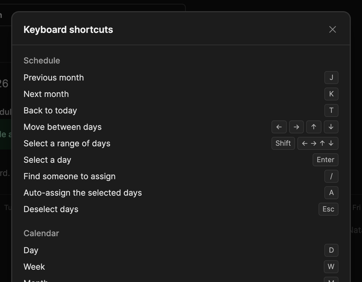 The keyboard shortcuts list, opened with the question mark key