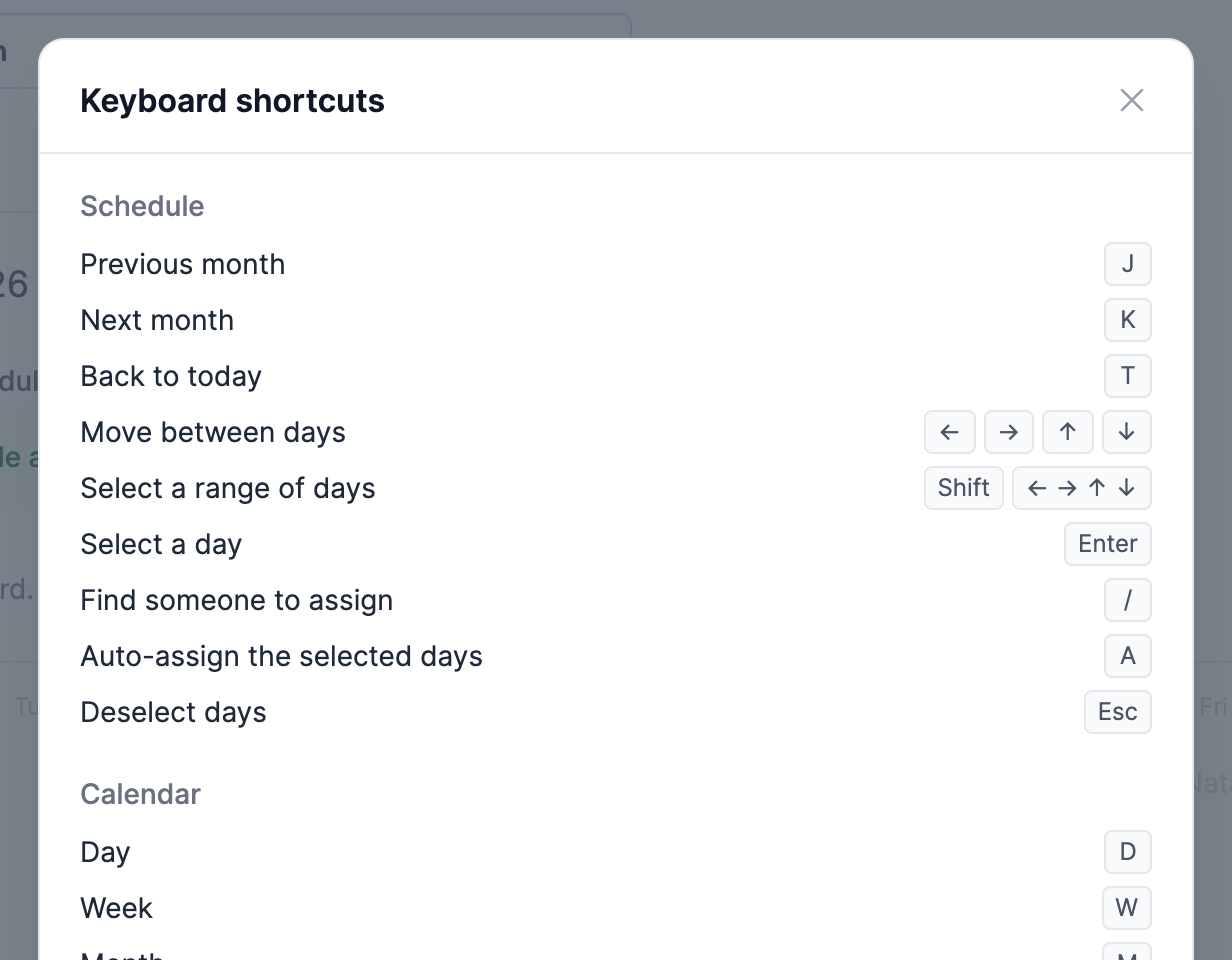 The keyboard shortcuts list, opened with the question mark key