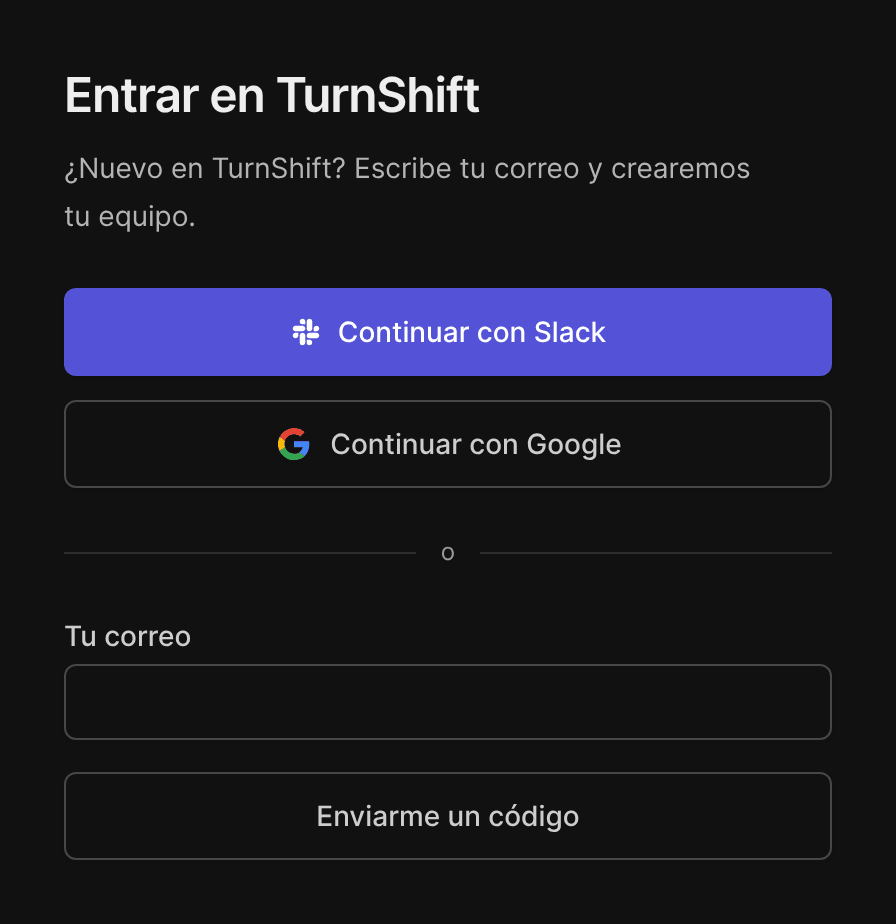 La página de inicio de sesión: continuar con Slack, continuar con Google o tu correo y un código