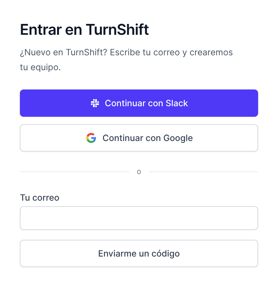 La página de inicio de sesión: continuar con Slack, continuar con Google o tu correo y un código