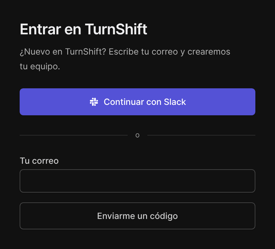 La página para entrar: continuar con Slack, o tu correo y un código