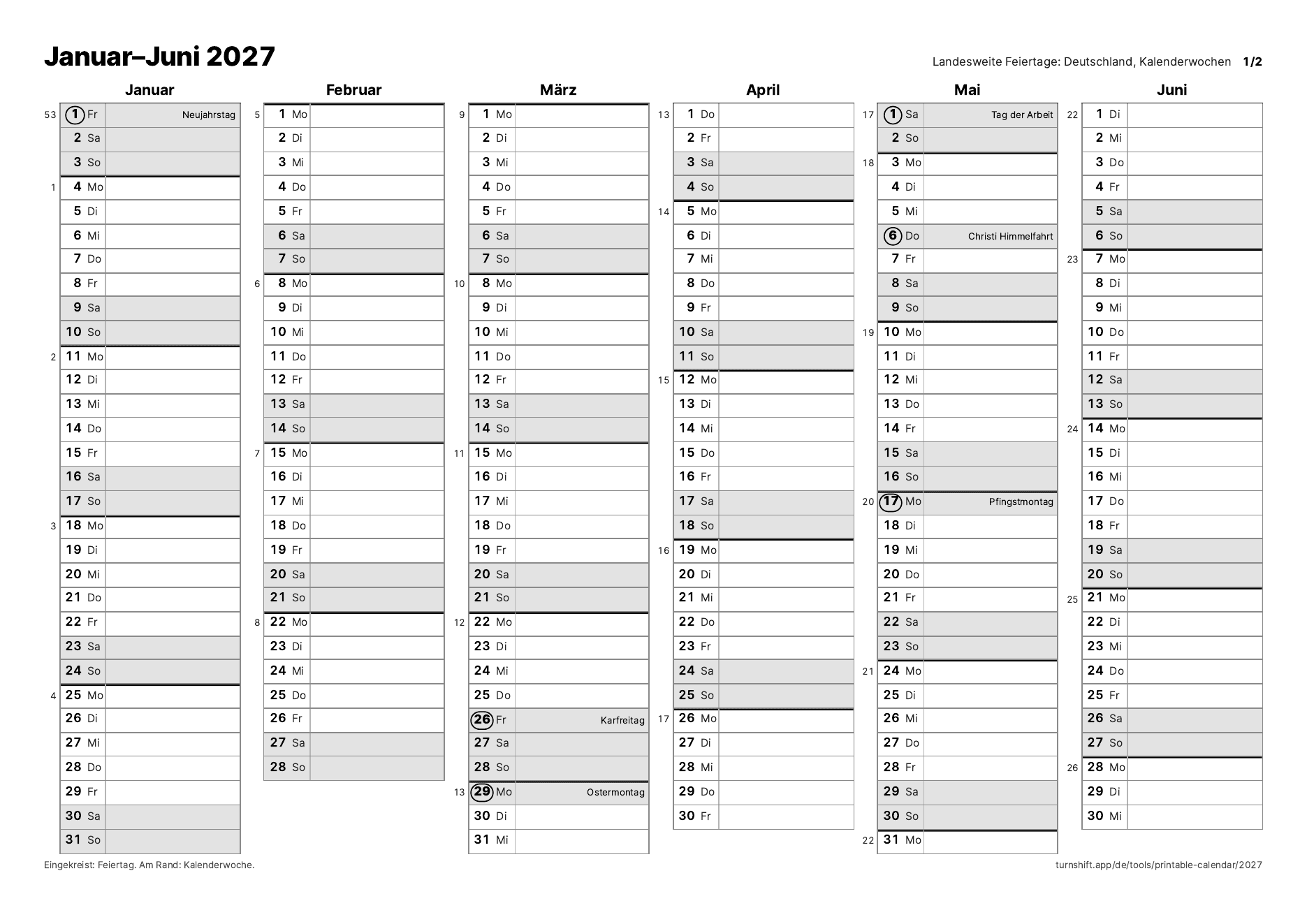 Januar bis Juni 2027 auf einer Seite im Querformat, eine Zeile pro Tag, die bundesweiten Feiertage eingekreist und benannt