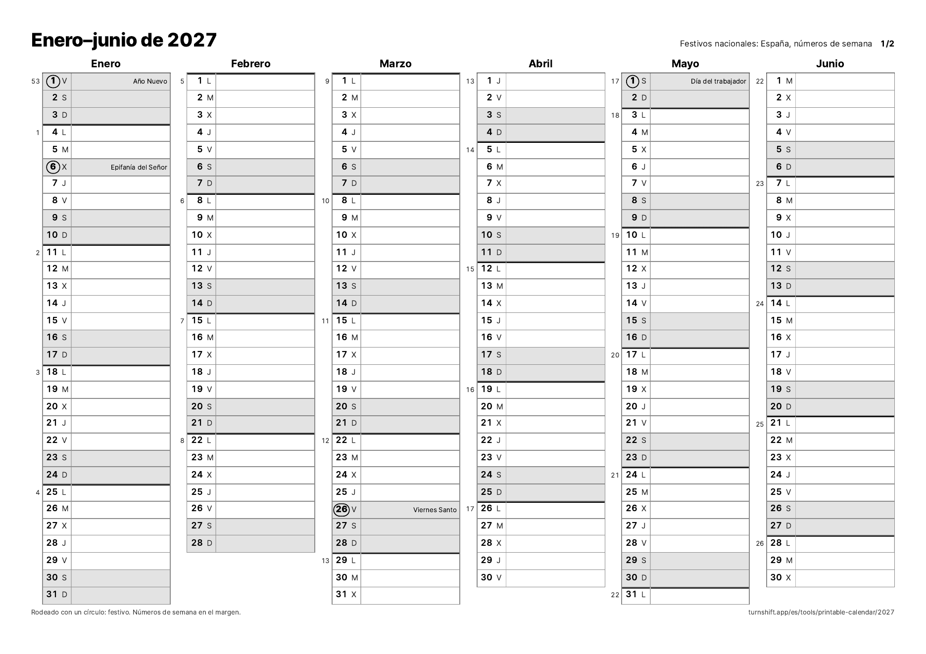 De enero a junio de 2027 en una página en horizontal, una fila por día, con los festivos nacionales rodeados con un círculo y su nombre