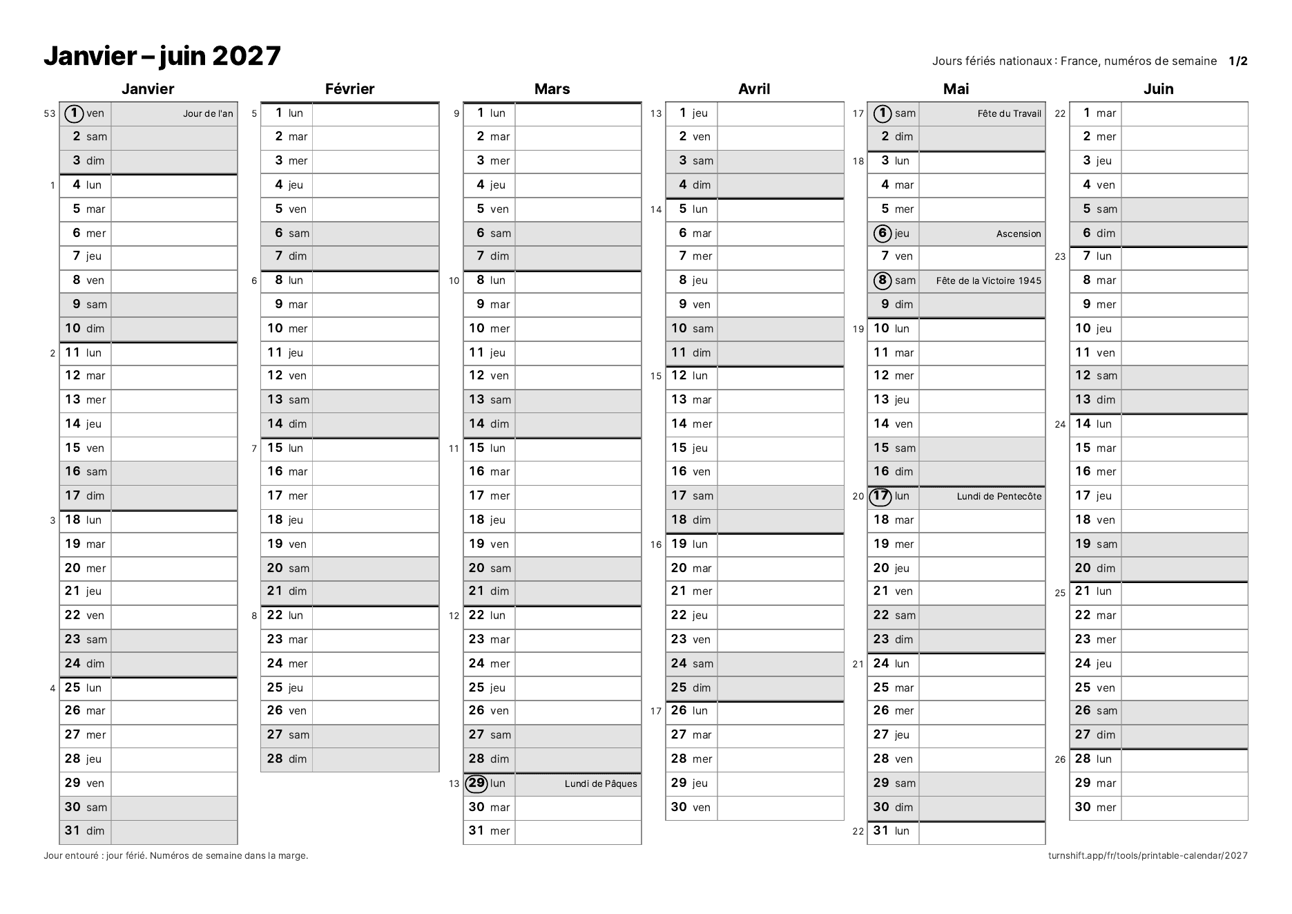Janvier à juin 2027 sur une page en paysage, une ligne par jour, avec les jours fériés français entourés et nommés