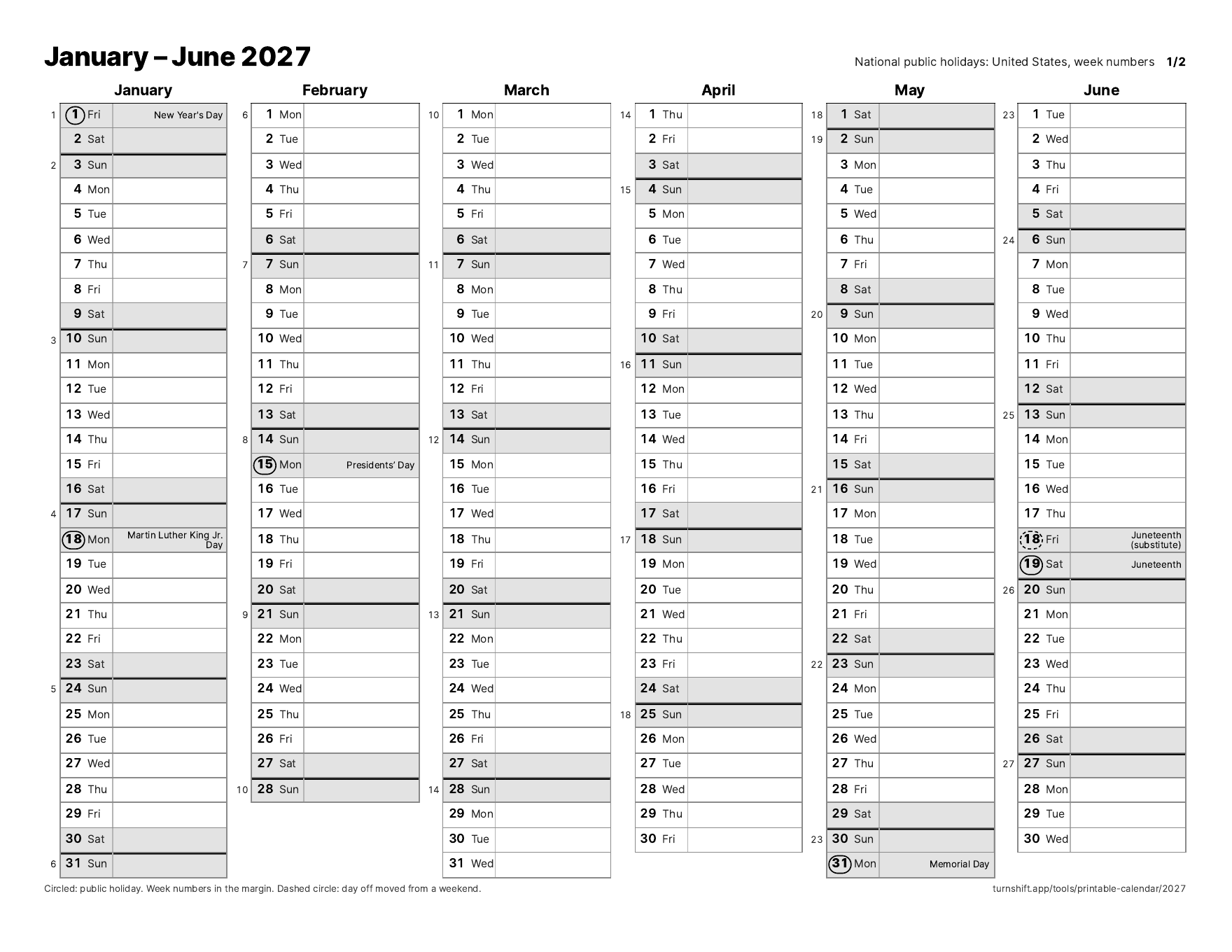 January to June 2027 on one landscape page, a row per day, with the US federal holidays circled and named