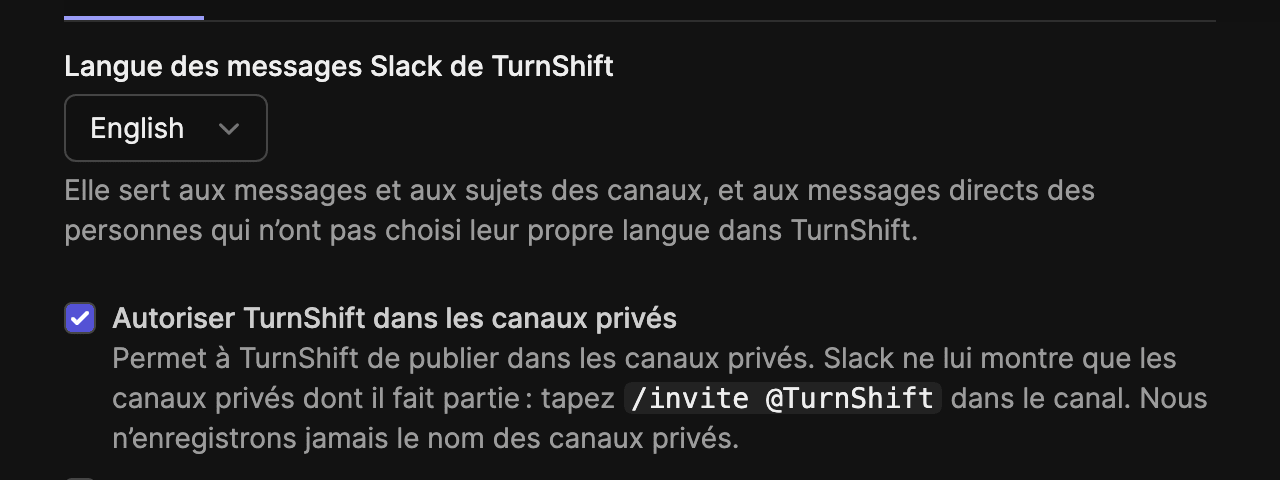 Settings > Slack in French, with the language of TurnShift's Slack messages