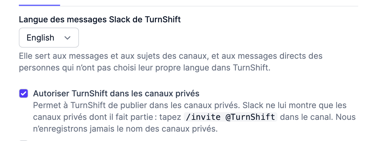 Settings > Slack in French, with the language of TurnShift's Slack messages