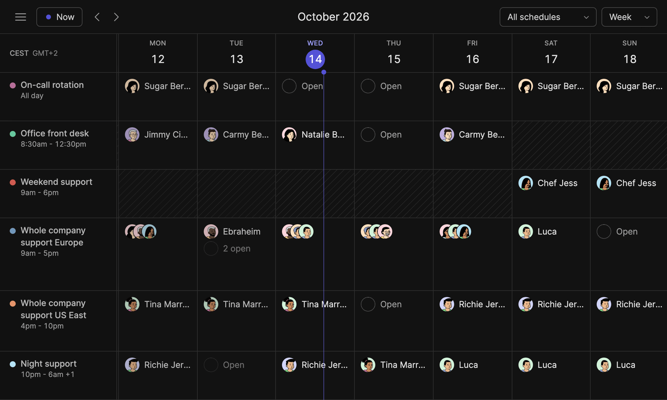 The TurnShift team calendar: six schedules on one week, with who is on each day and the days still open