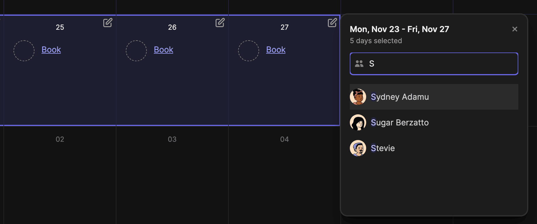Assigning a week on a TurnShift schedule: five days selected, then a search for the person to assign
