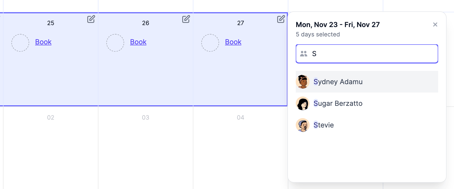 Assigning a week on a TurnShift schedule: five days selected, then a search for the person to assign