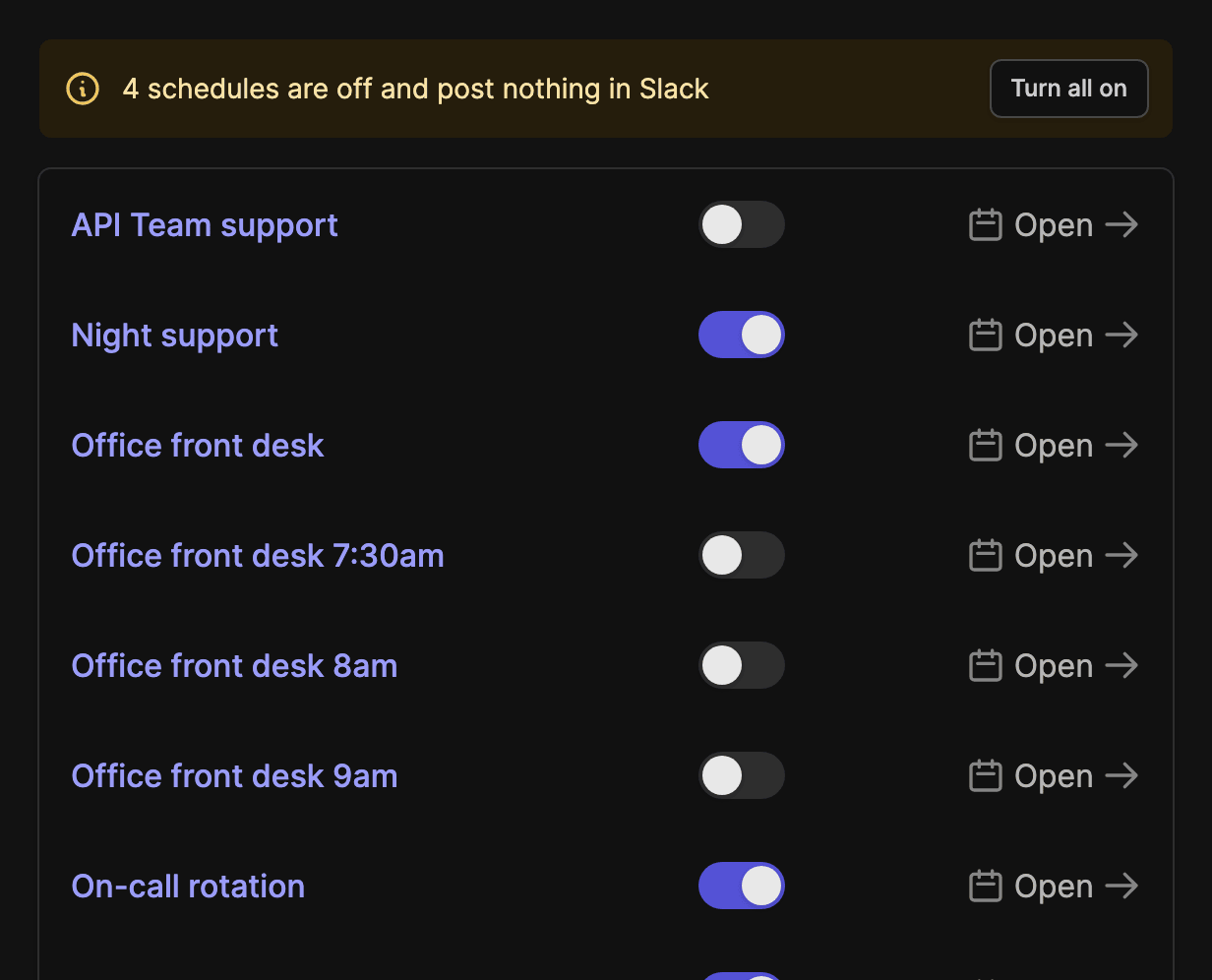The Schedules list: a banner says some schedules are off, with a Turn all on button, and each schedule has its own switch