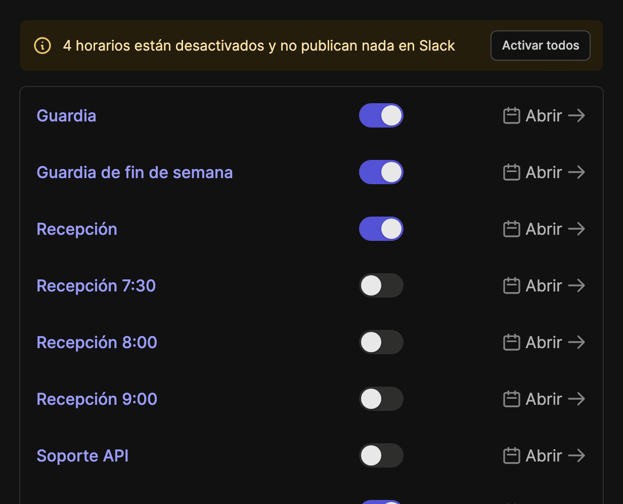 La lista de horarios: un aviso indica que hay horarios desactivados, con el botón «Activar todos», y cada horario tiene su propio interruptor