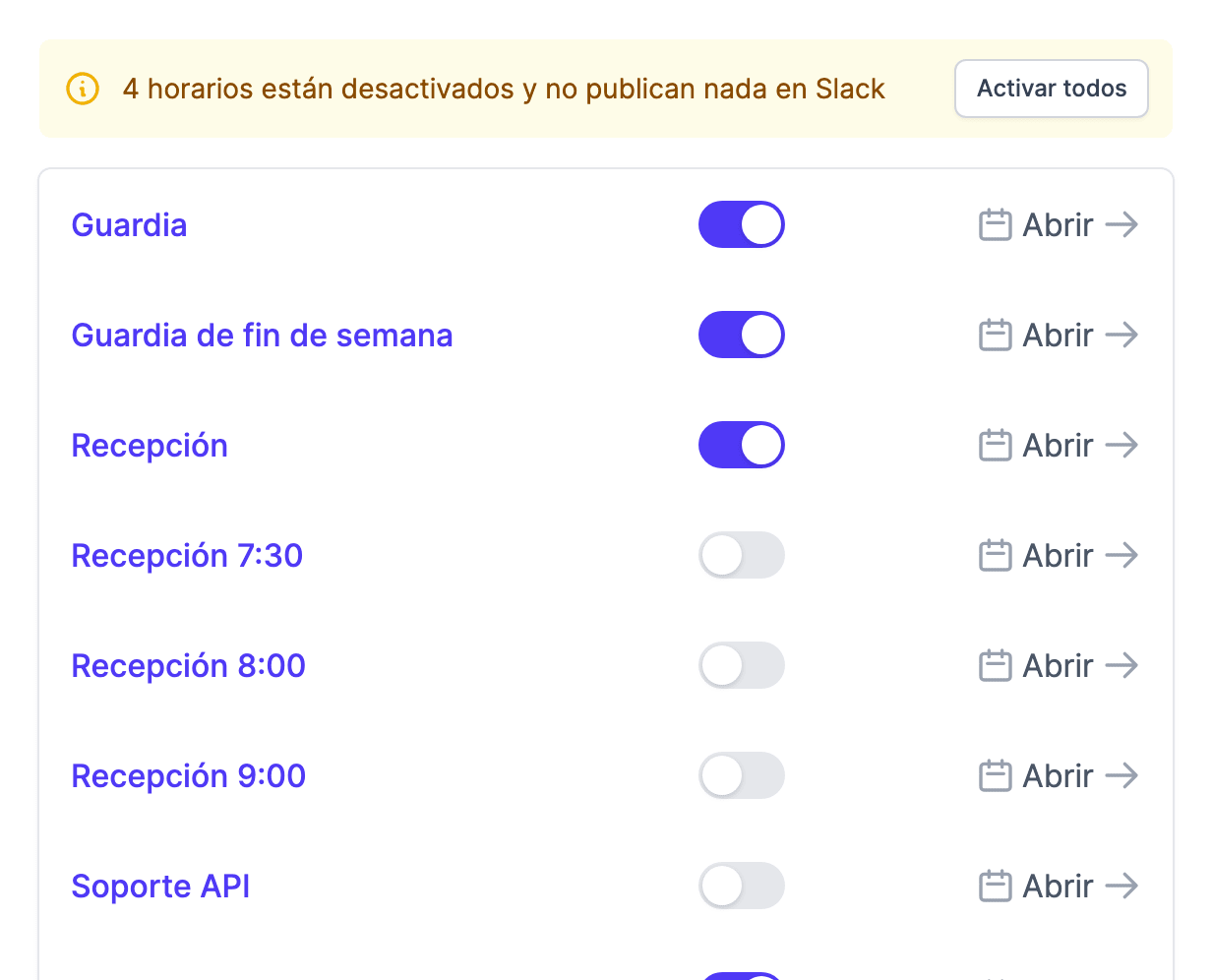La lista de horarios: un aviso indica que hay horarios desactivados, con el botón «Activar todos», y cada horario tiene su propio interruptor