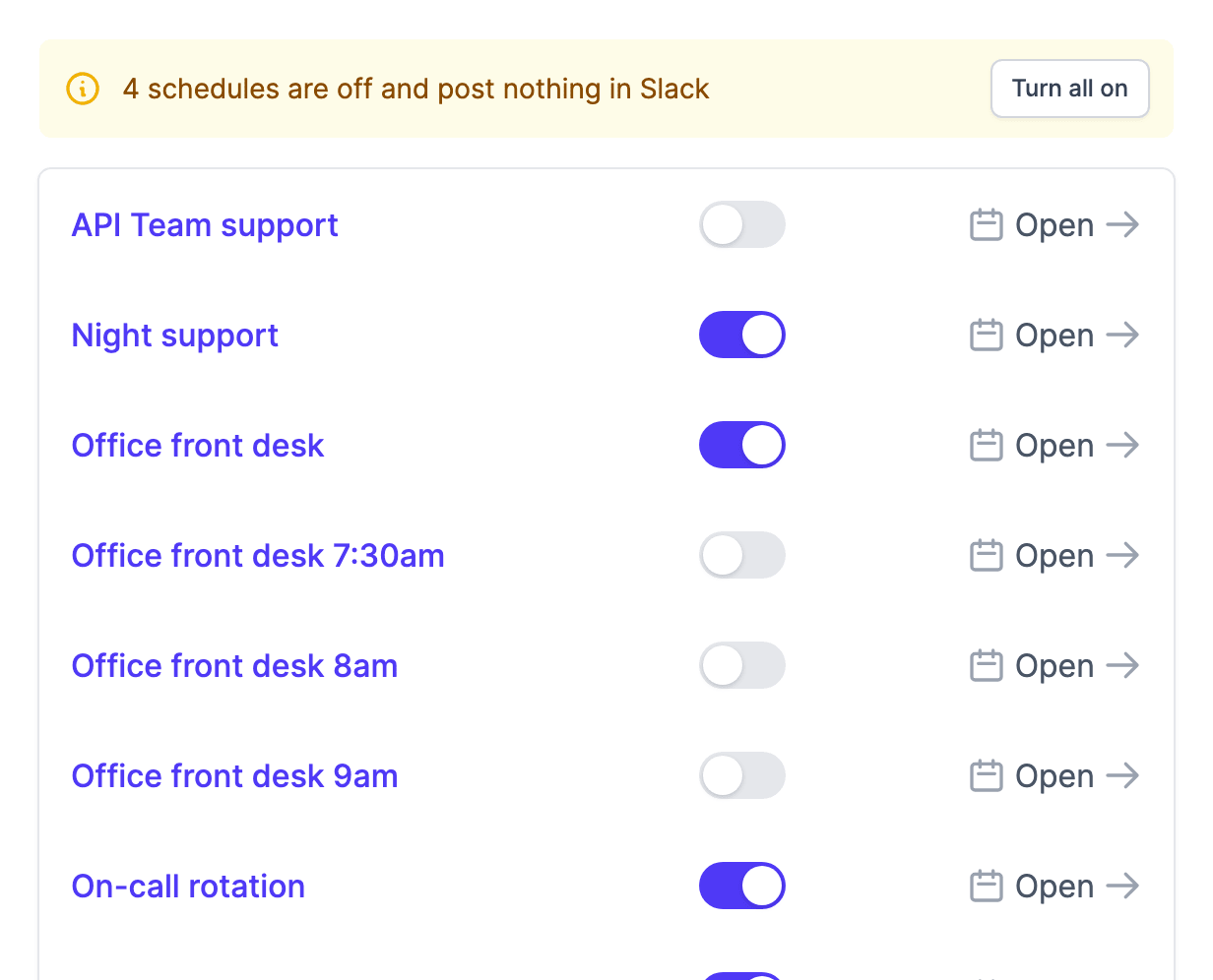 The Schedules list: a banner says some schedules are off, with a Turn all on button, and each schedule has its own switch