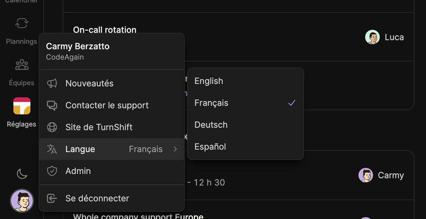 The account menu in French, with Langue open on English, Français, Deutsch and Español