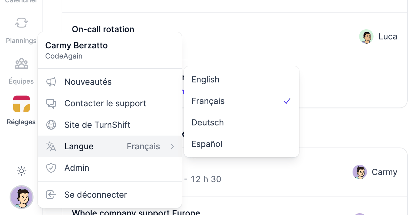 The account menu in French, with Langue open on English, Français, Deutsch and Español