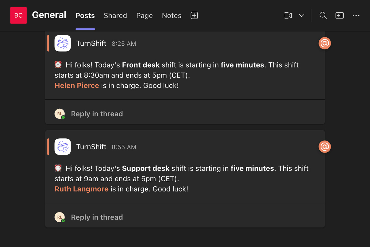 A Microsoft Teams channel: TurnShift's post for today's Support desk shift, with Ruth Langmore mentioned