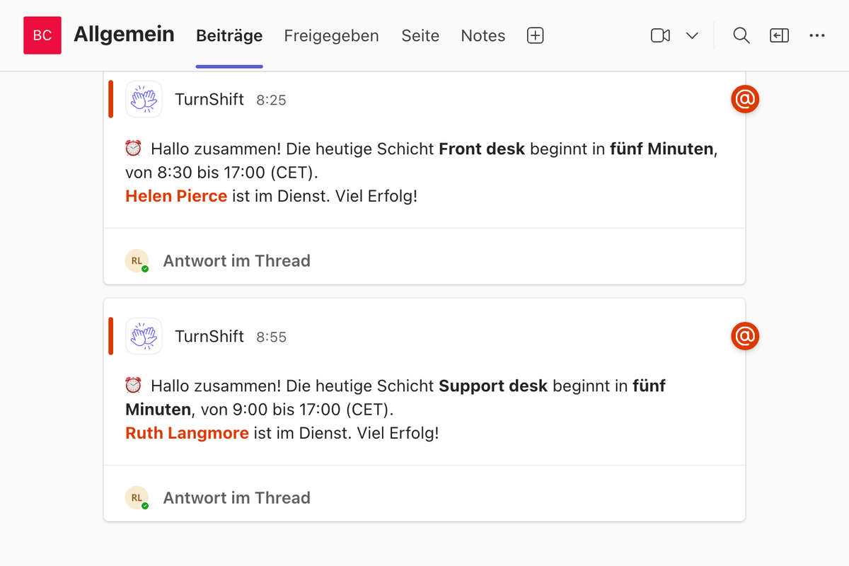 Ein Microsoft-Teams-Kanal: der Beitrag von TurnShift zur heutigen Schicht Support desk, Ruth Langmore wird erwähnt