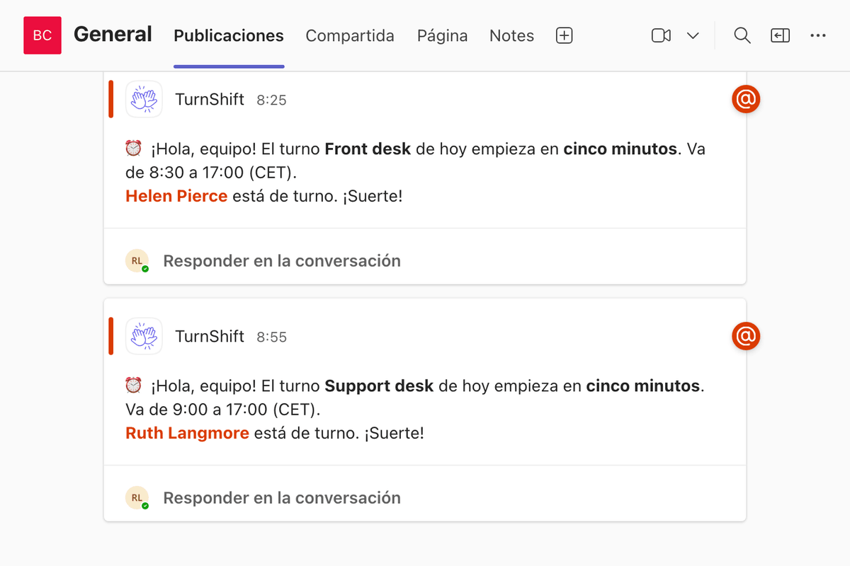 Un canal de Microsoft Teams: la publicación de TurnShift para el turno Support desk de hoy, con una mención a Ruth Langmore