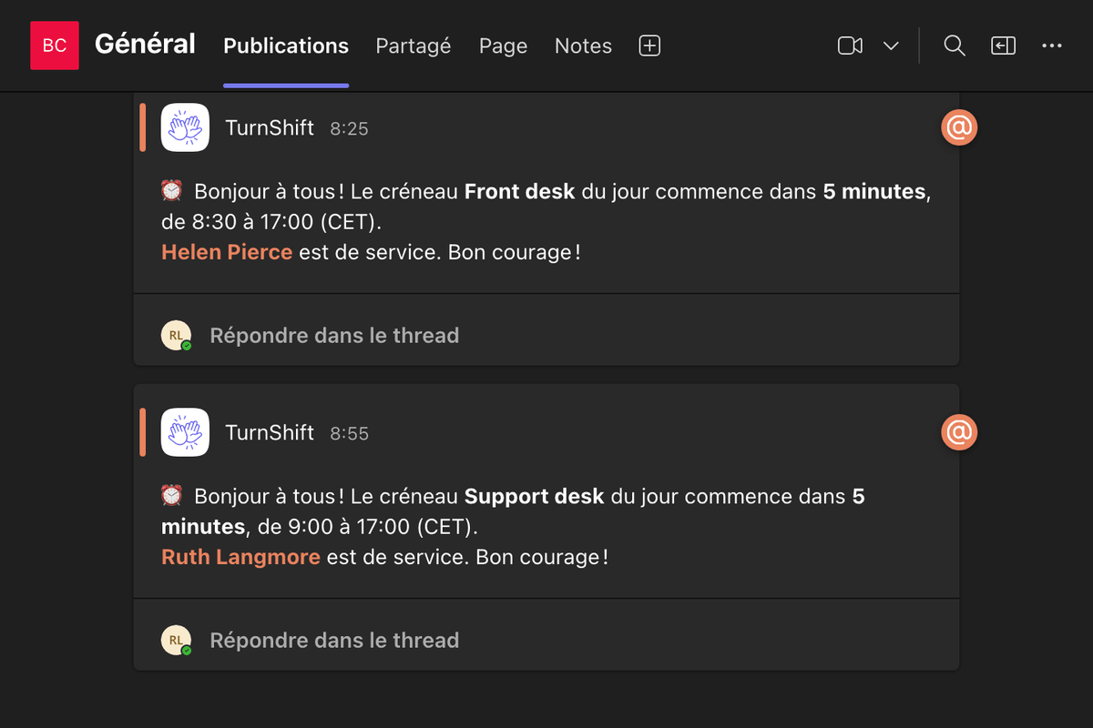 Un canal Microsoft Teams : la publication de TurnShift pour le créneau Support desk du jour, Ruth Langmore mentionnée