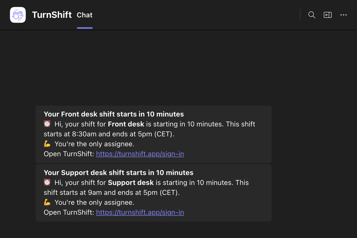 A person's chat with TurnShift in Teams: their Support desk shift starts in 10 minutes