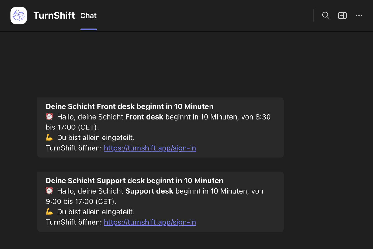 Der Chat einer Person mit TurnShift in Teams: Ihre Schicht Support desk beginnt in 10 Minuten