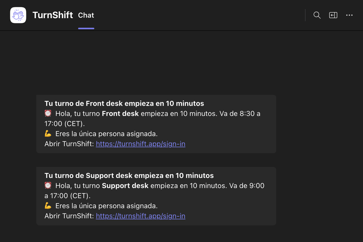 El chat de una persona con TurnShift en Teams: su turno Support desk empieza en 10 minutos