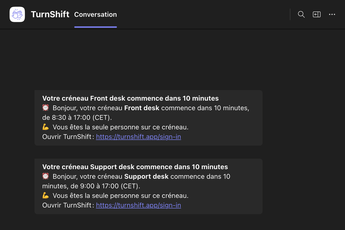 La conversation d’une personne avec TurnShift dans Teams : son créneau Support desk commence dans 10 minutes